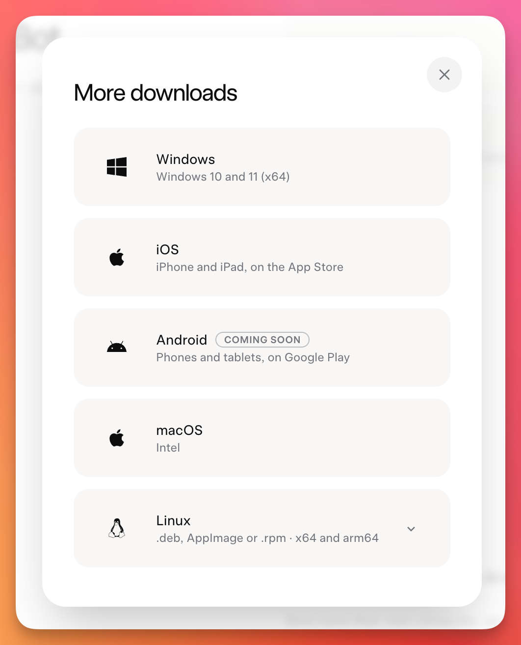 点击More downloads后会弹出一个更多下载方案的弹窗，该弹窗标题为“More downloads”，提供了多系统版本的Grok Bot下载选项，包括Windows 10和11（x64）、适用于iPhone和iPad的iOS版本、目前显示为“COMING SOON”的Android版本、适用于intel架构的macOS版本，以及支持.deb、AppImage或.rpm格式，适配x64和arm64架构的Linux版本，涵盖了不同使用设备的下载需求。